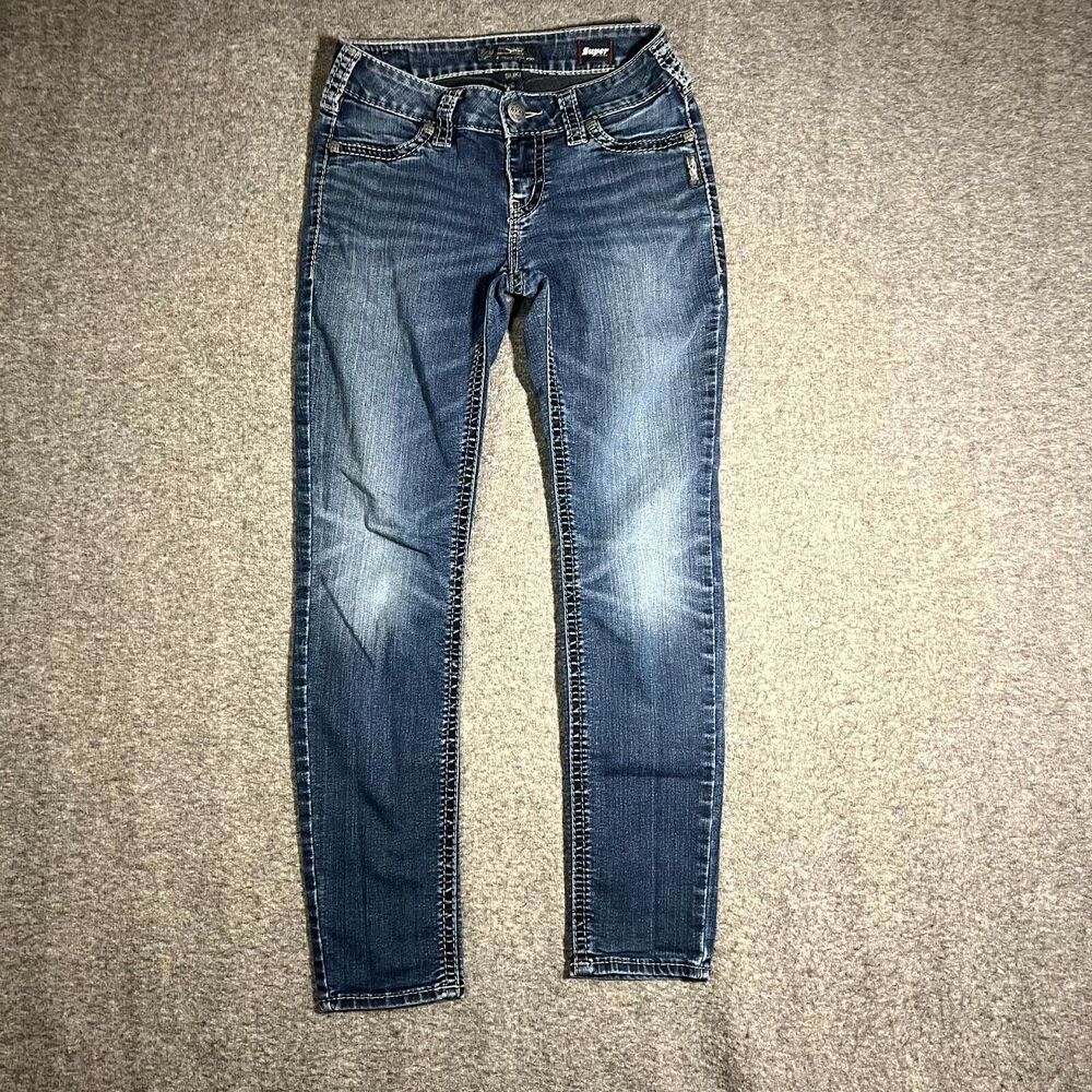 Silver Suki Mid Super Skinny Jeans Size 27 (26x27.5) Dark Wash Low Rise Stretch